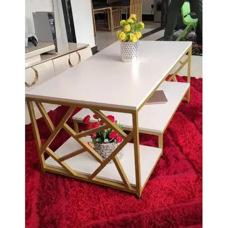 Zippy Elegant Coffee Table | White MDF Tabletop with Golden Legs, 120x60x45cm