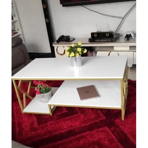 Zippy Elegant Coffee Table | White MDF Tabletop with Golden Legs, 120x60x45cm