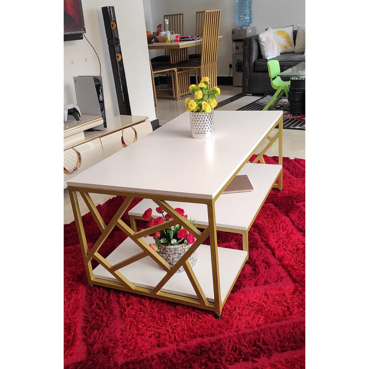 Zippy Elegant Coffee Table | White MDF Tabletop with Golden Legs, 120x60x45cm