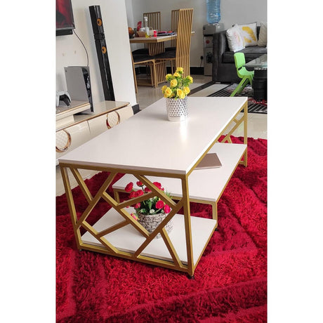 Zippy Elegant Coffee Table | White MDF Tabletop with Golden Legs, 120x60x45cm