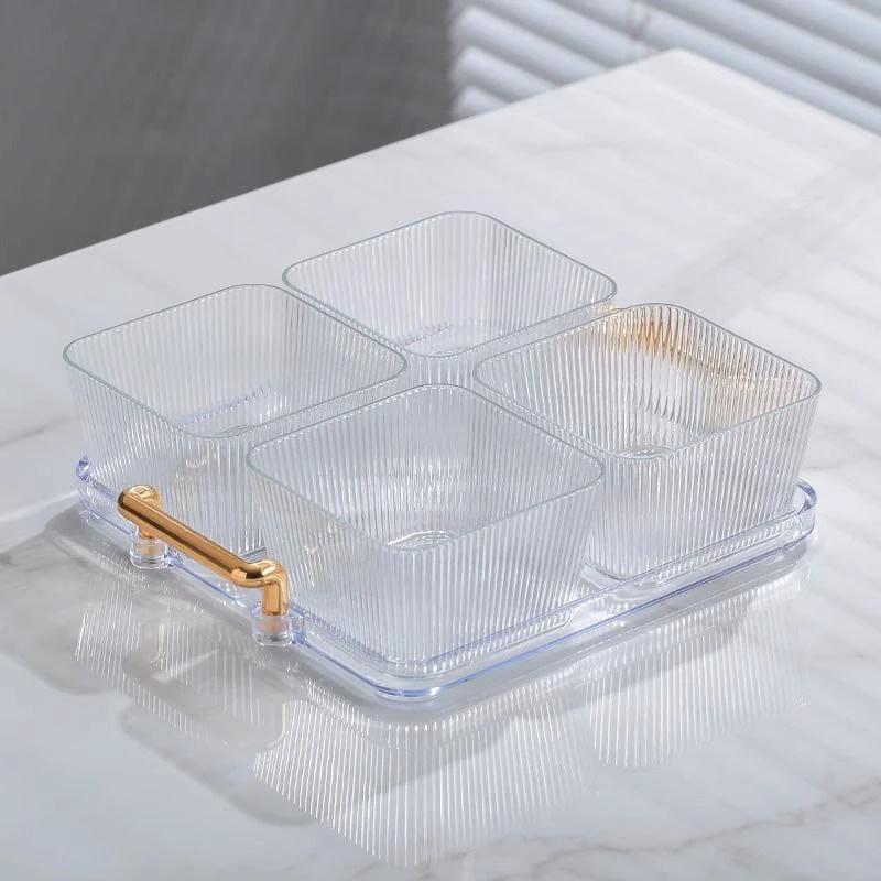 5pcs Dessert Snack Set with Bamboo Tray – Acrylic Square Serving Bowls for Snacks, Fruits, and Parties households Serving Platters