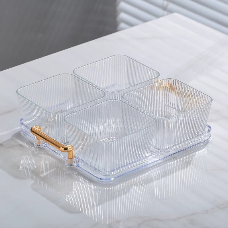 5pcs Dessert Snack Set with Bamboo Tray – Acrylic Square Serving Bowls for Snacks, Fruits, and Parties
