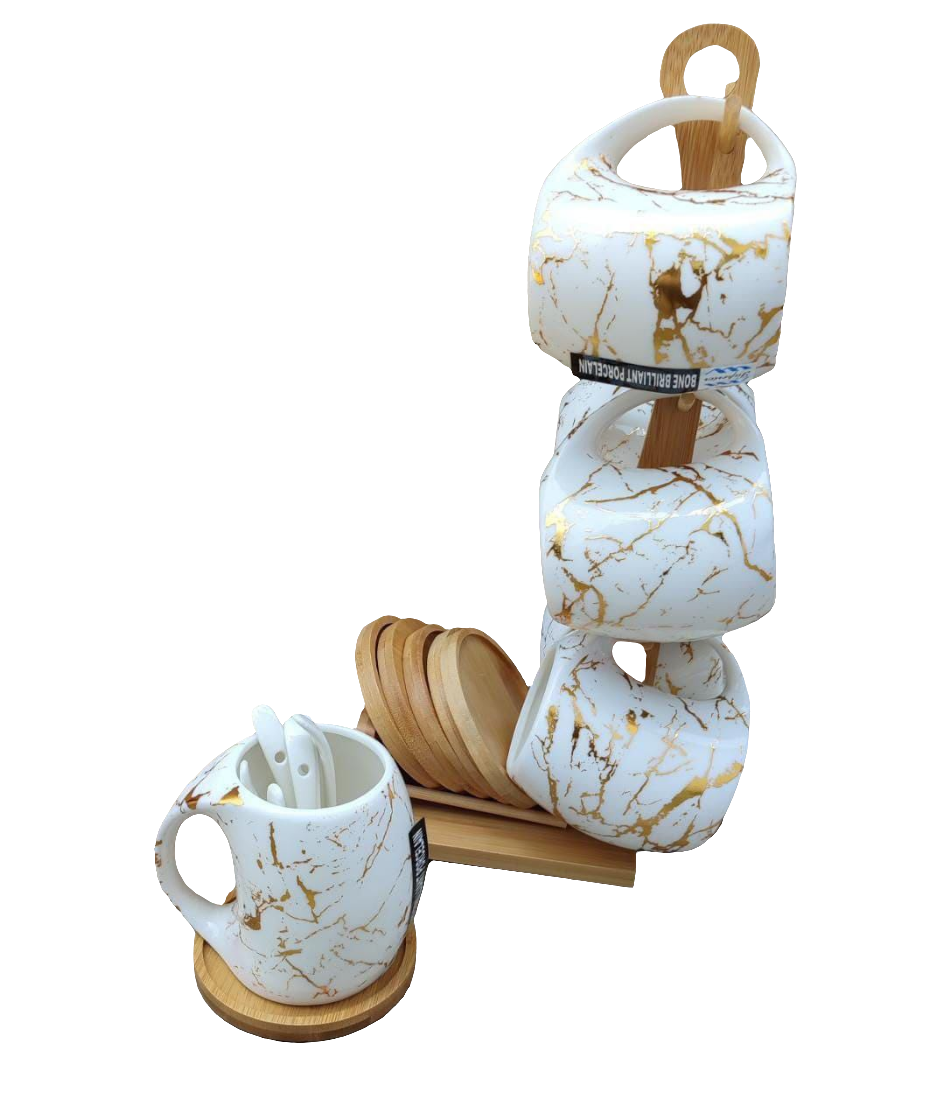 Classy Cup and Saucer Set with White Marble Cups, Bamboo Stand and Coasters