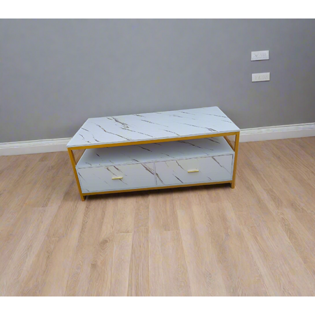 Marble Effect Wooden TV Stand | White TV Cabinet with 2 Drawers (120cm x 60cm)