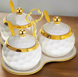 Furaha Finds Luxurious Sugar and Spice Dish Set with 3 elegant jars, gold tea spoons, and a tray. Ideal for storing condiments in style