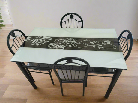 4 Seater Glass Top Dining Table with Floral Design and Chairs