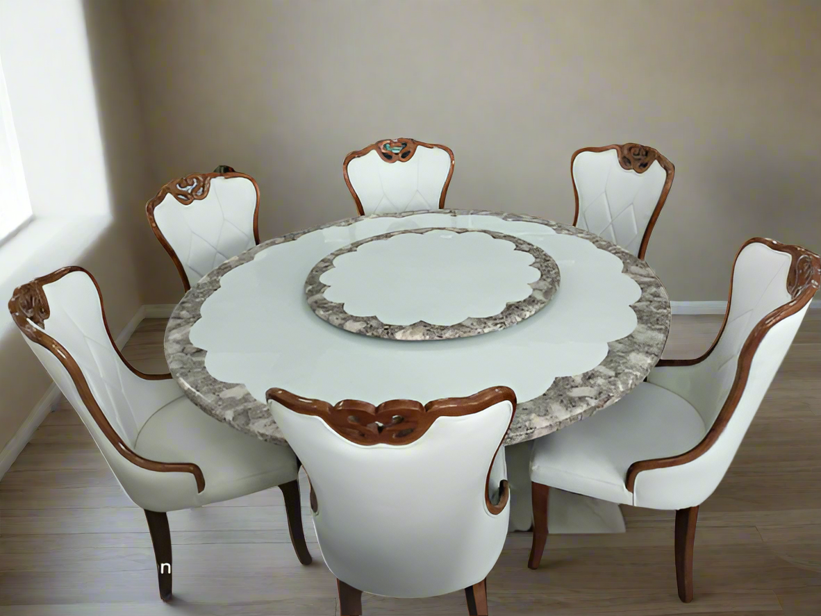 6 Seater Round Marble Dining Table with Rotating Marble Centerpiece and Cushioned Chairs