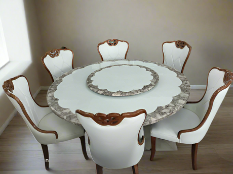 6 Seater Round Marble Dining Table with Rotating Marble Centerpiece and Cushioned Chairs