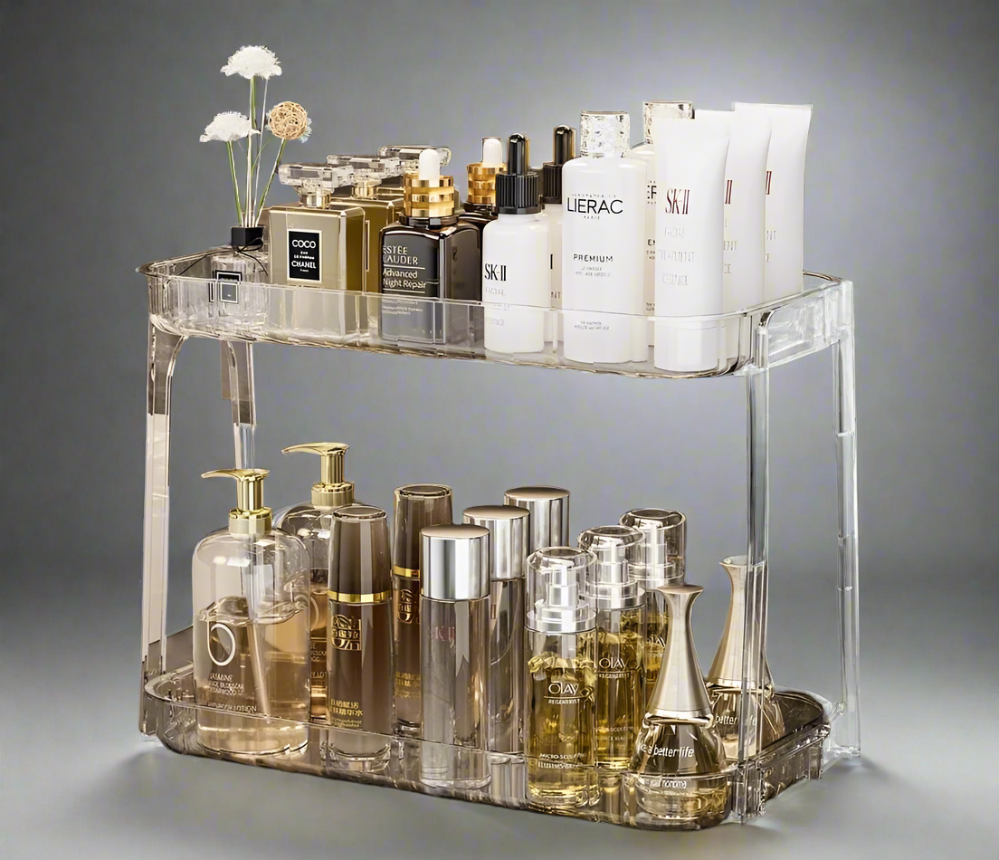 Multipurpose 2 Tier Vanity Stand  Durable Acrylic Makeup Organizer  Ideal For Storing Toiletries, Cosmetics, Kitchenware