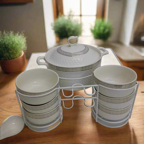 Furaha Finds 15-Piece White Ceramic Soup Set with tureen, bowls, spoons, and holder. Elegant, durable, and perfect for family dining and special occasions