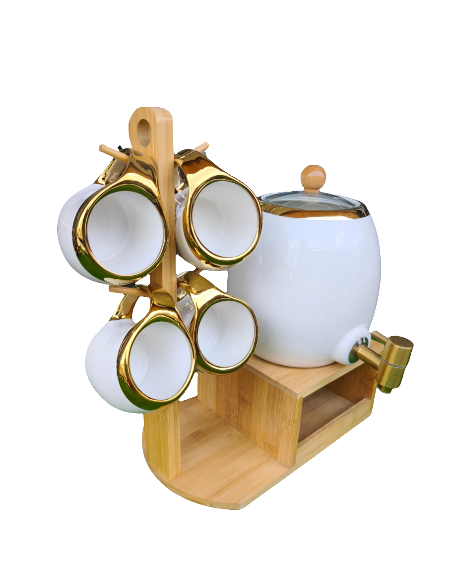 Luxurious Tea Set with Bamboo Holder, Bamboo Tray, 6 Cups and Kettle with Tap