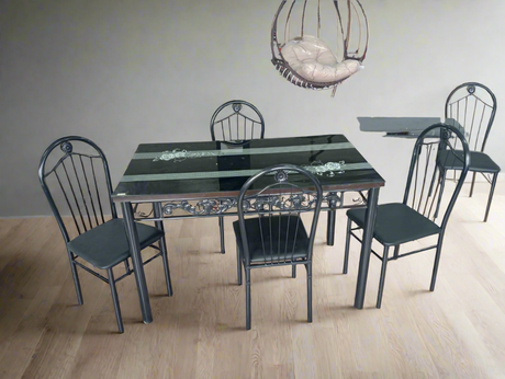 4 Seater Glass Top Dining Table with Floral Design and Chairs