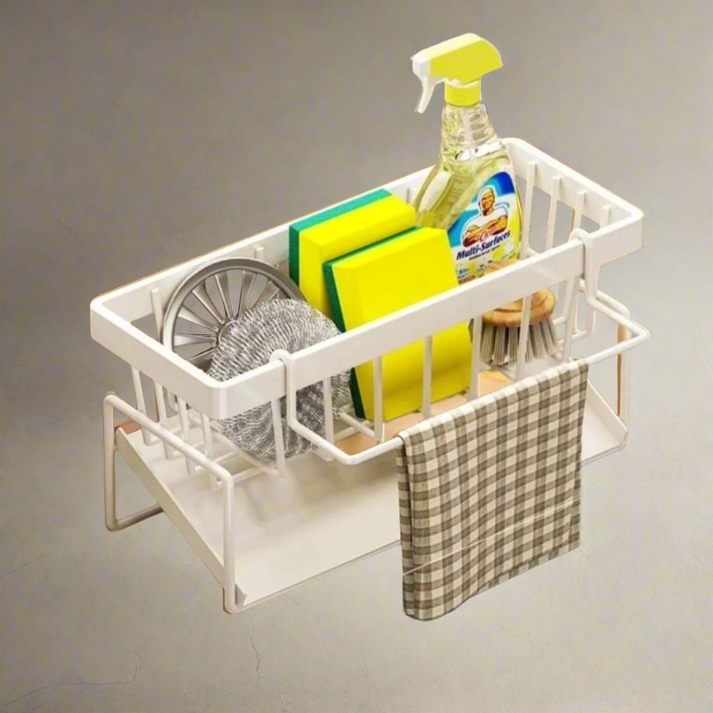 Furaha Finds Kitchen Sink Caddy with Water Draining Tray Carbon steel and plastic, white & black, space saving sink organizer for sponges, brushes, and dish soap.