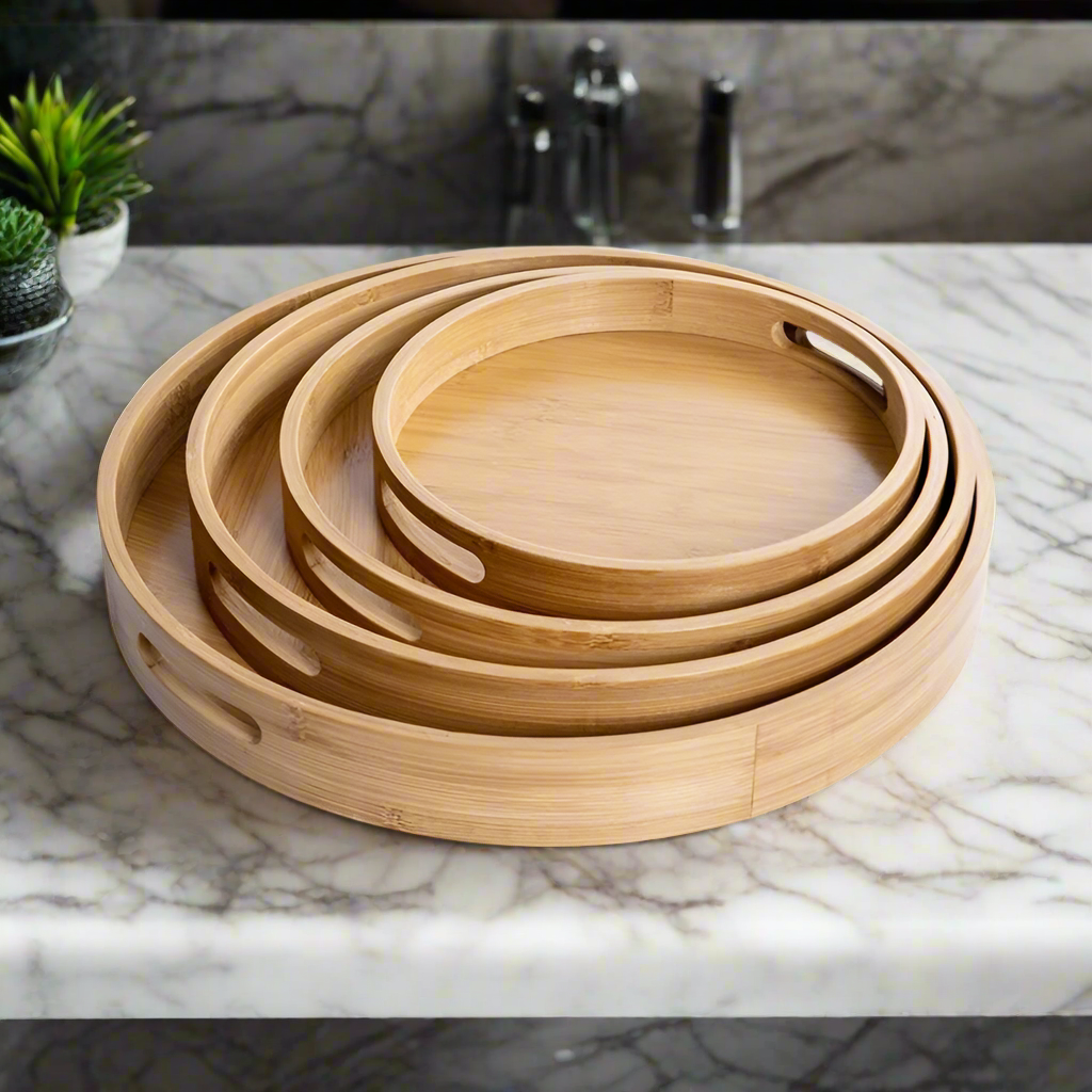 Furaha Finds Multifunctional Big Sized 4in1 Bamboo Trays Set  Eco friendly, durable, and stylish serving & organizer trays (40cm, 35cm, 30cm, 25cm) for kitchen and home use.