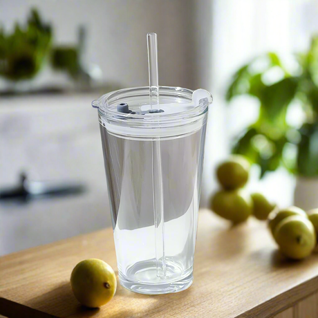 Round Transparent Borosilicate Drinking Glass Cup/Tumbler with lid + Straw.- Furaha Finds Kenya