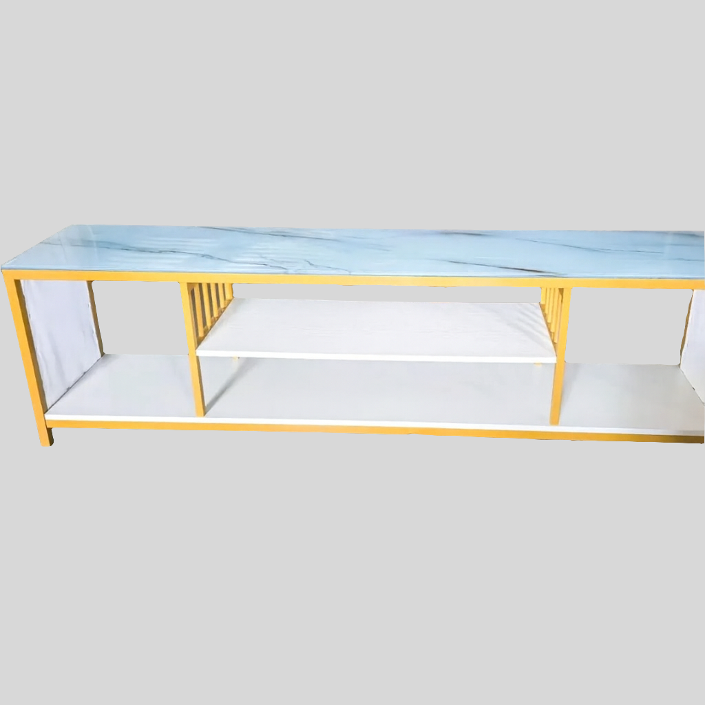 Modern Glass Top TV Stand with Open Storage & Shelves