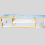 Modern Glass Top TV Stand with Open Storage & Shelves
