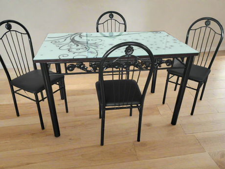 4 Seater Glass Top Dining Table with Floral Design and Chairs