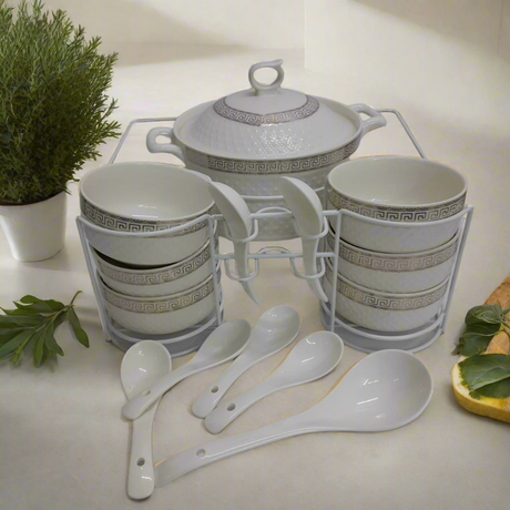 Furaha Finds 15-Piece White Ceramic Soup Set with tureen, bowls, spoons, and holder. Elegant, durable, and perfect for family dining and special occasions