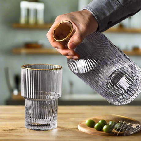 6pc Ribbed Glasses with Gold Rim and Matching Decanter Elegant Drinkware Set- Furaha Finds Kenya