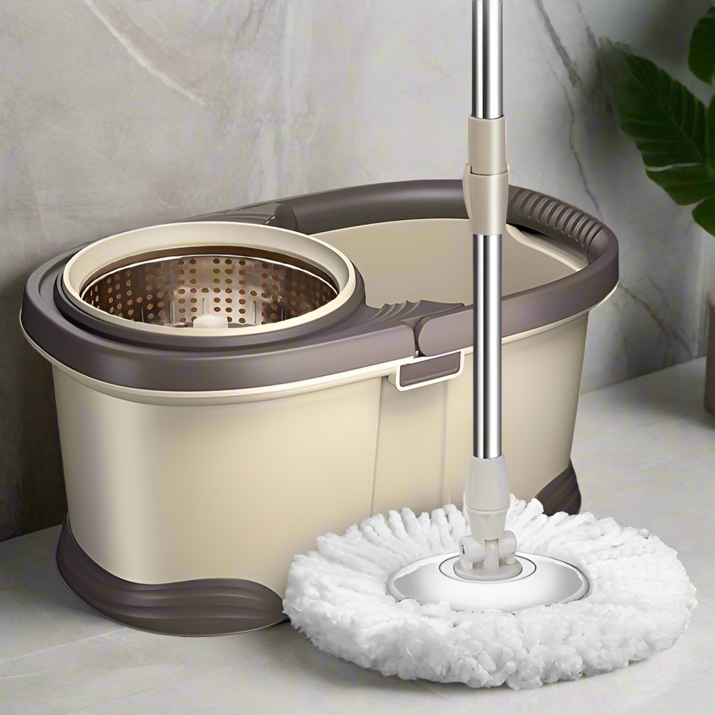 Furaha Finds Metallic Magic Spin Mop with 360° rotation for all floor types. Comes with a sturdy metallic handle and an extra mop head