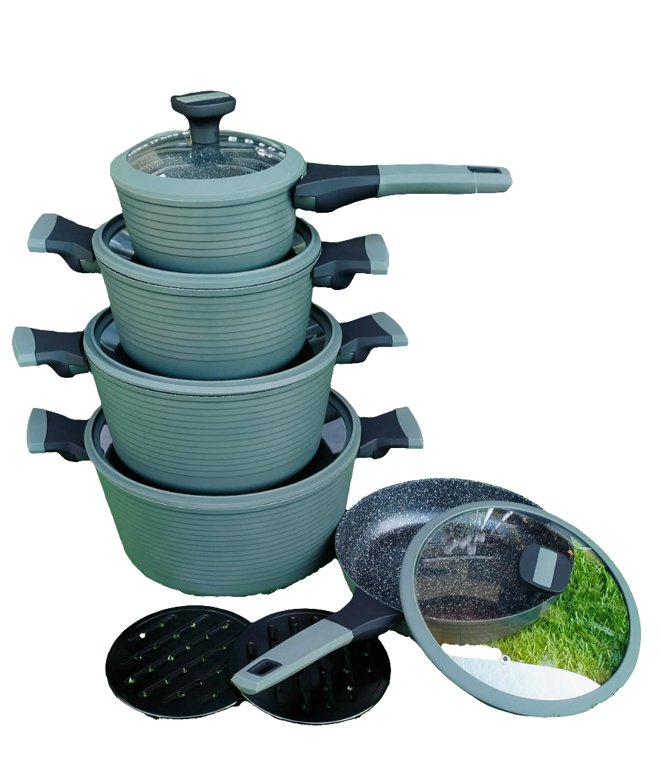 12pcs Jungle Green Edenburg Nonstick Cookware Set with Induction Bottom