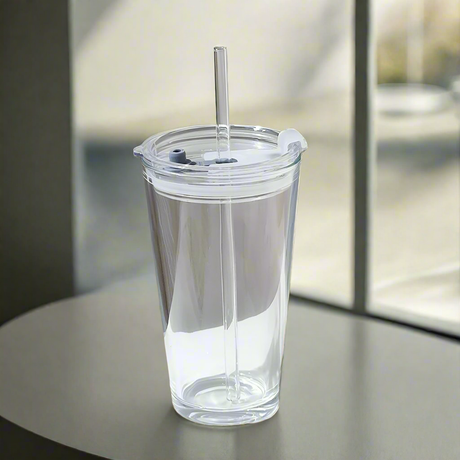 Round Transparent Borosilicate Drinking Glass Cup/Tumbler with lid + Straw.- Furaha Finds Kenya