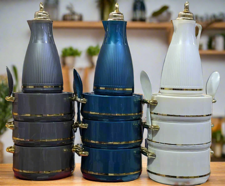 Furaha Finds 6PC Insulated Hotpot Set Includes 3 hotpots (1800ml, 2400ml, 3000ml), 1L vacuum flask, and 2 serving spoons, perfect for keeping food warm for long hours.