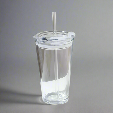 Round Transparent Borosilicate Drinking Glass Cup/Tumbler with lid + Straw.- Furaha Finds Kenya