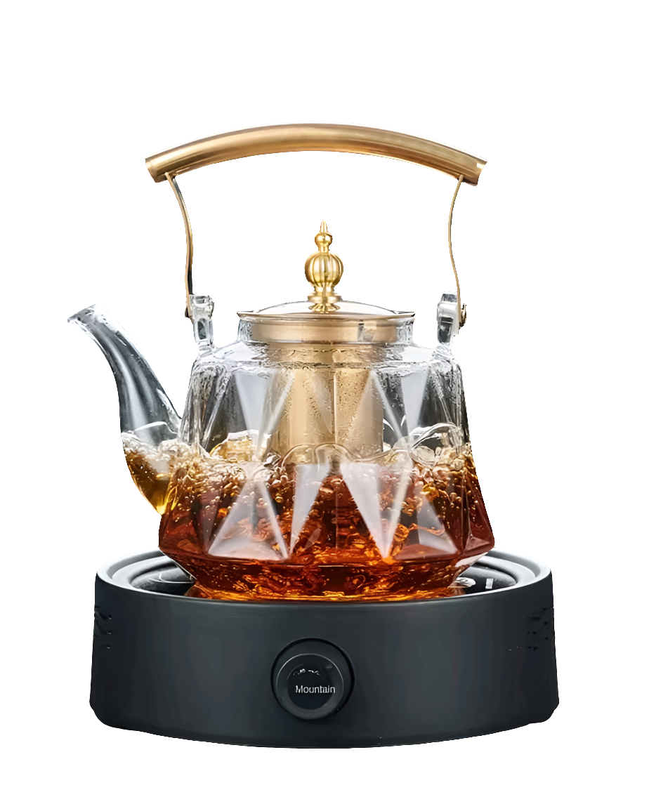 Heat Resistant Glass Teapot with Strainer Infuser and Gold Handle 1.2 Litres