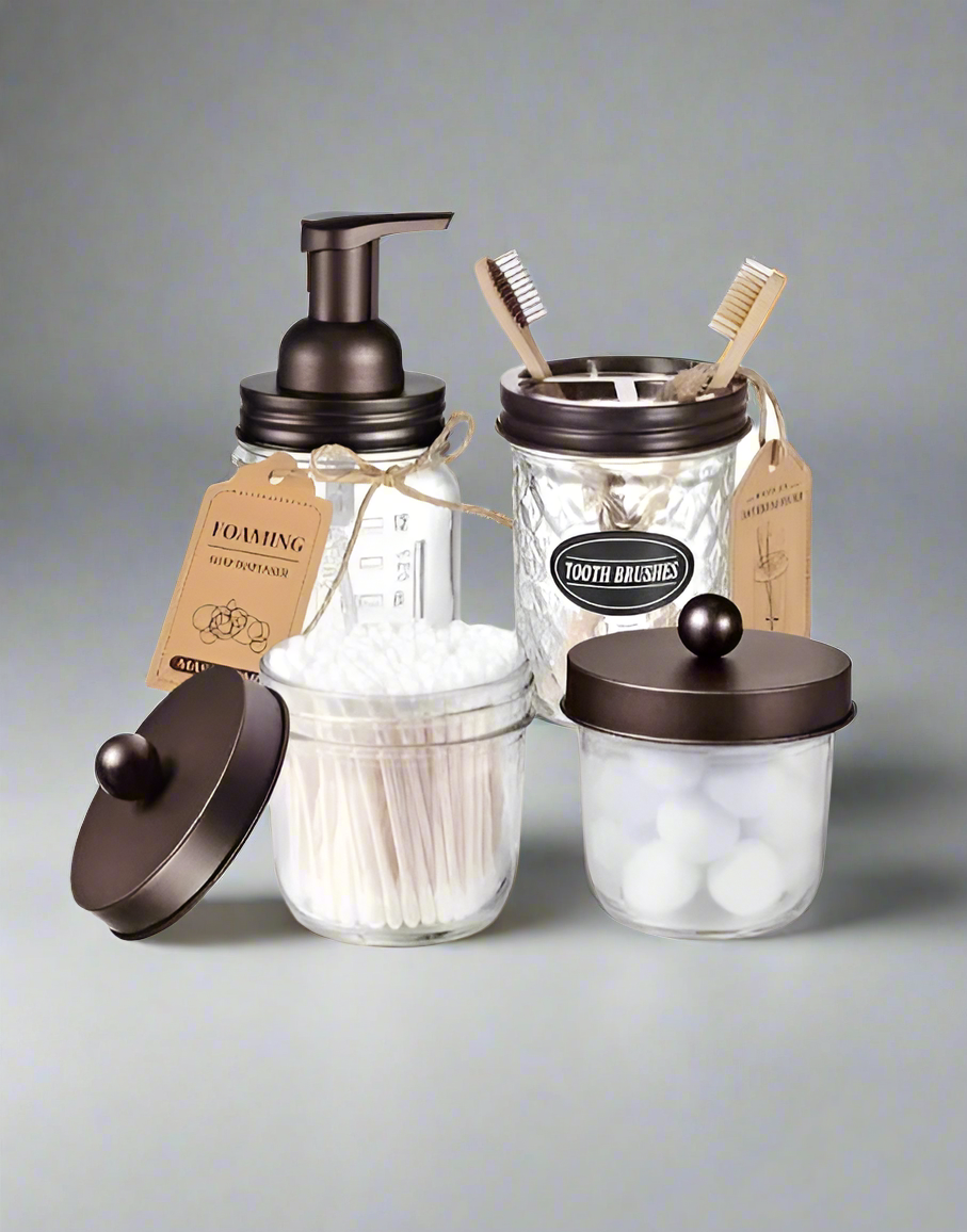 Furaha Finds 4-piece bathroom accessories mason jars set. Stylish glass storage jars with a soap dispenser, toothbrush holder, and containers for cotton swabs