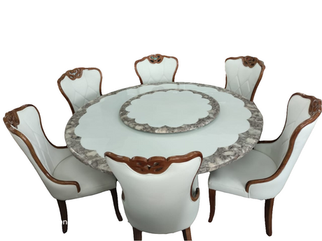 6 Seater Round Marble Dining Table with Rotating Marble Centerpiece and Cushioned Chairs