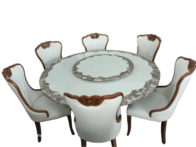 6 Seater Round Marble Dining Table with Rotating Marble Centerpiece and Cushioned Chairs