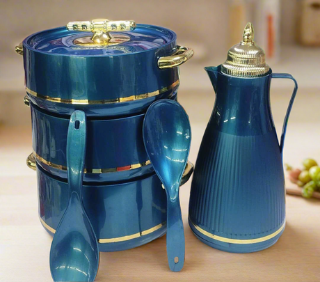 Furaha Finds 6PC Insulated Hotpot Set Includes 3 hotpots (1800ml, 2400ml, 3000ml), 1L vacuum flask, and 2 serving spoons, perfect for keeping food warm for long hours.
