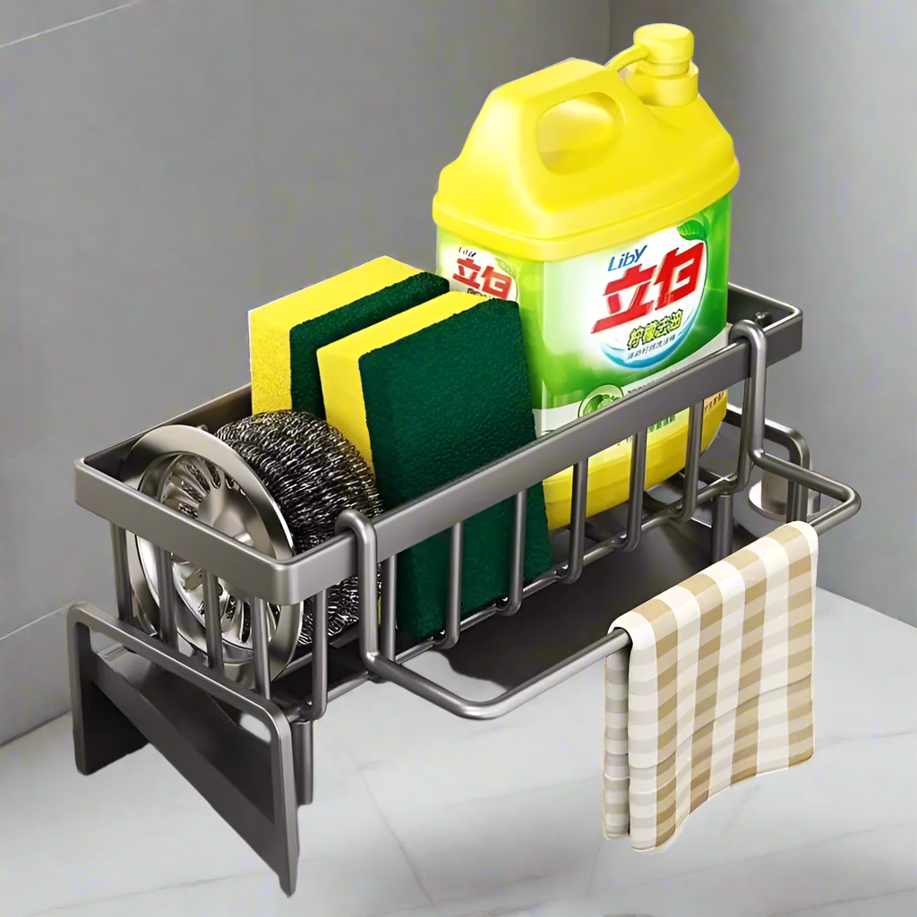 Furaha Finds Kitchen Sink Caddy with Water Draining Tray Carbon steel and plastic, white & black, space saving sink organizer for sponges, brushes, and dish soap.