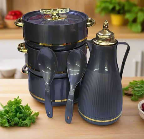 Furaha Finds 6PC Insulated Hotpot Set Includes 3 hotpots (1800ml, 2400ml, 3000ml), 1L vacuum flask, and 2 serving spoons, perfect for keeping food warm for long hours.