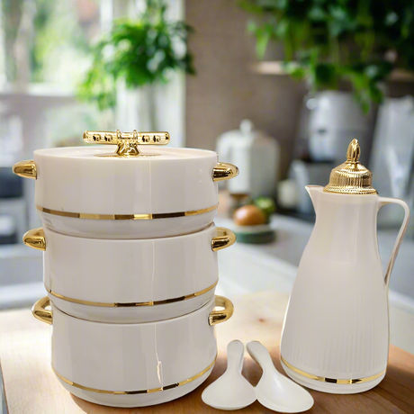Furaha Finds 6PC Insulated Hotpot Set Includes 3 hotpots (1800ml, 2400ml, 3000ml), 1L vacuum flask, and 2 serving spoons, perfect for keeping food warm for long hours.
