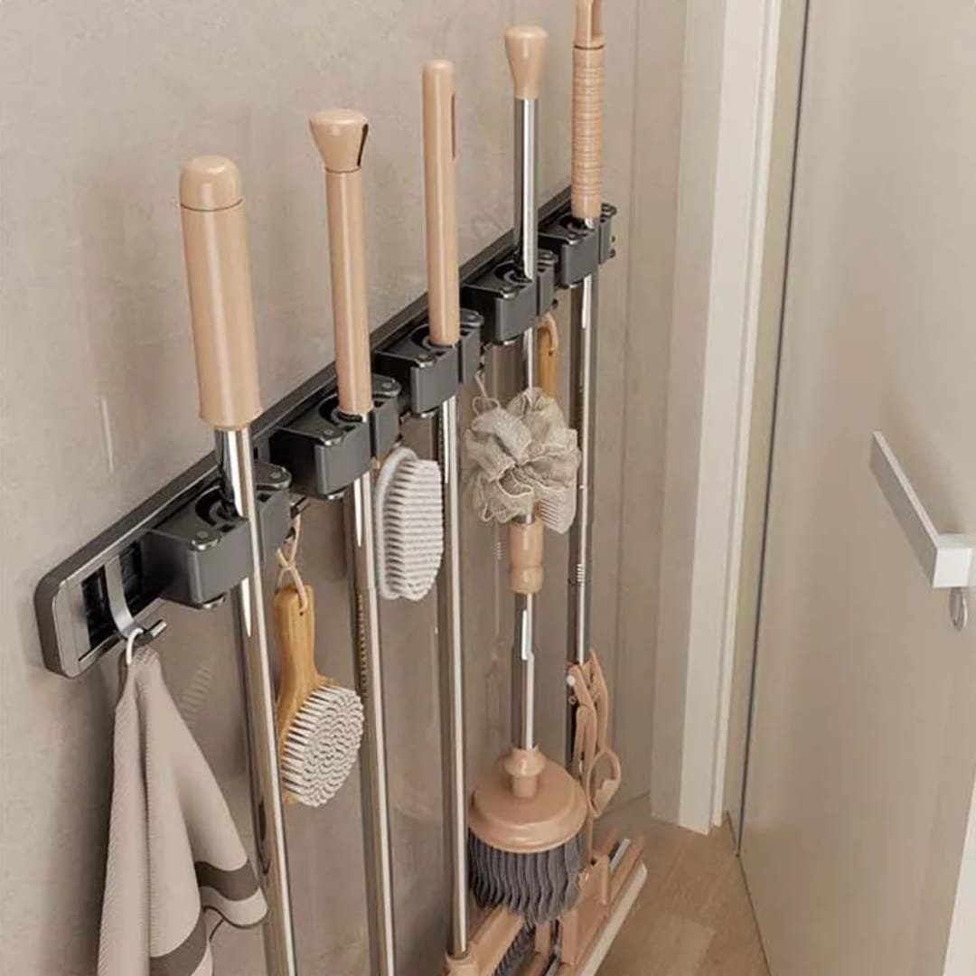 Wall Mounted Mop Holder Multi Functional Broom Hanger Shelf – Aluminum Storage Rack