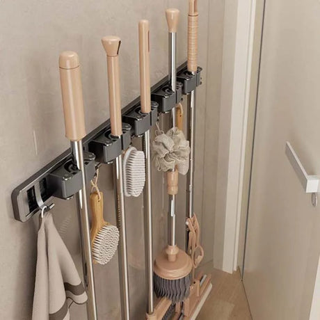 Wall Mounted Mop Holder Multi Functional Broom Hanger Shelf – Aluminum Storage Rack