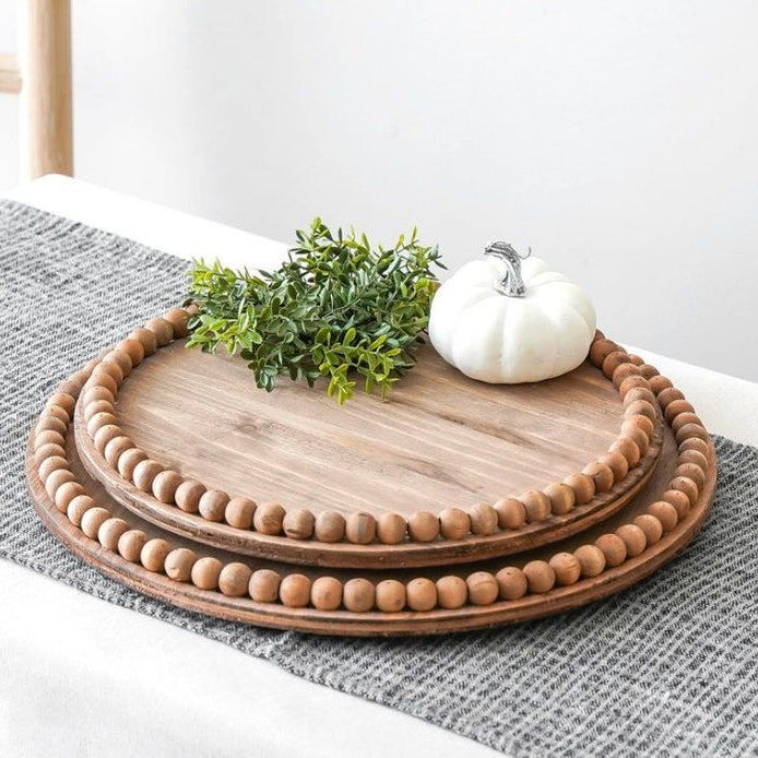 Rustic Wooden Round Beaded Tray with Handle 30cm