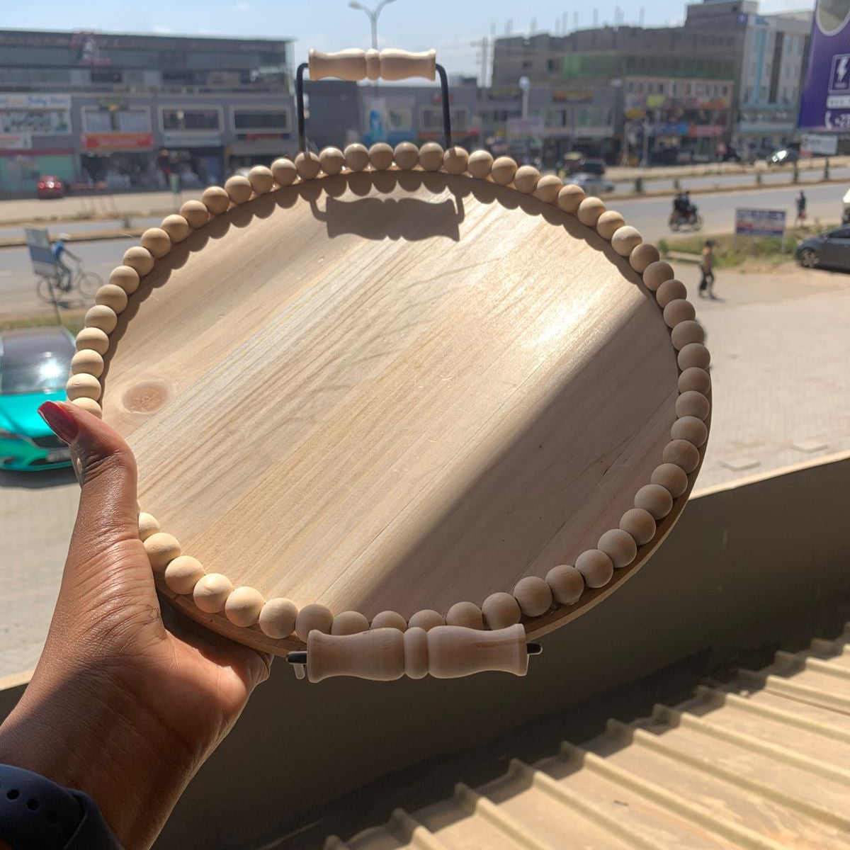 Rustic Wooden Round Beaded Tray with Handle 30cm