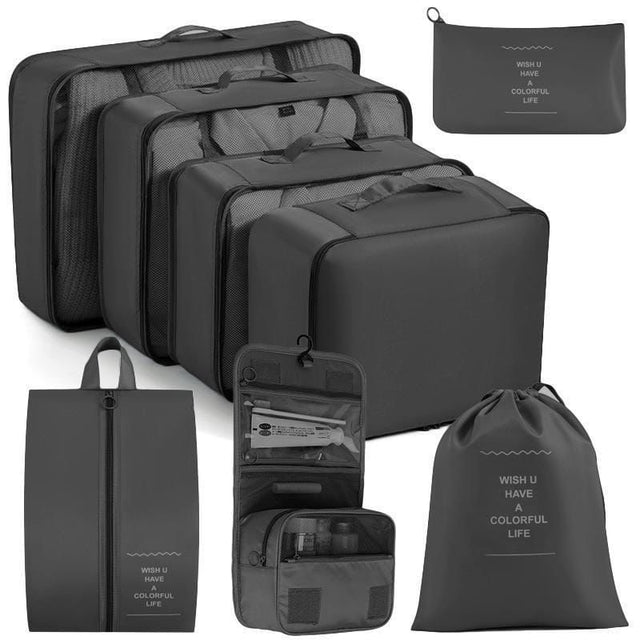 8pcs Luggage Travel Organizers with Toiletry Case – Oxford Fabric with Double Zips