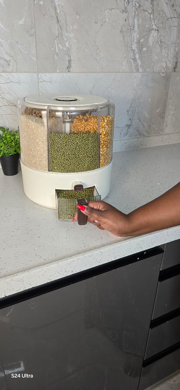 Large 360° Rotating Cereal Dispenser – Multi-Section Airtight Dry Food Storage Container