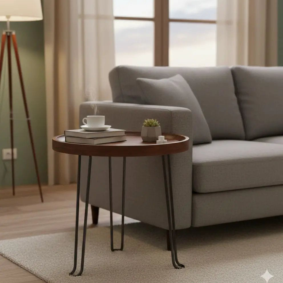Mid-Century Round Wood & Metal Side Table Side table End Tables
