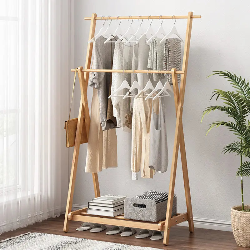 Foldable Bamboo Cloth Hanging Rack | Double Layer Free Standing Coat Rack with Side Hooks