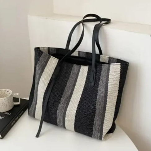 Elena Stripped Tote Bag - Linen Casual Tote