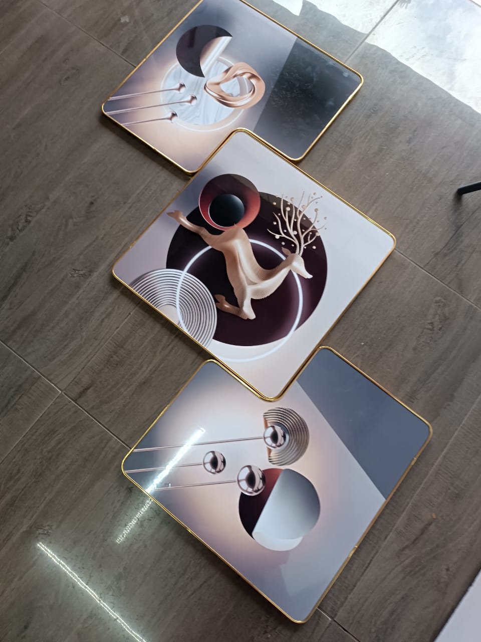 3 Piece 3D Abstract Art Crystal Porcelain Painting with Aluminum Alloy Frame 50x50cm