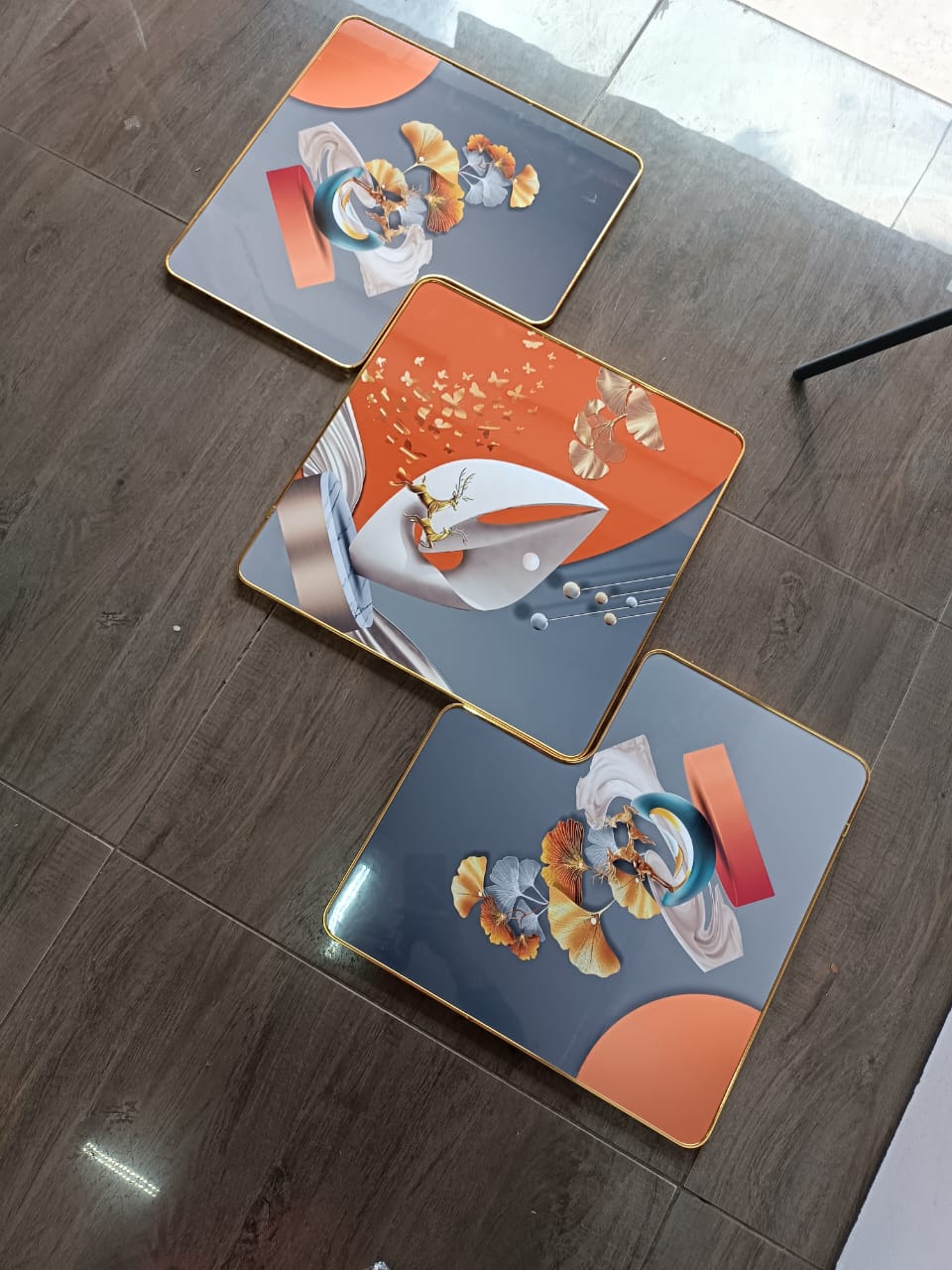 3 Piece 3D Abstract Art Crystal Porcelain Painting with Aluminum Alloy Frame 50x50cm