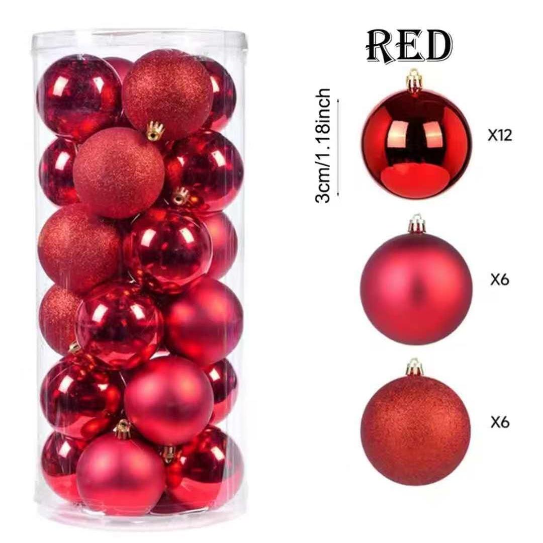 24pcs Christmas Décor Balls Set 3cm – Gold, Silver, and Red Ornaments