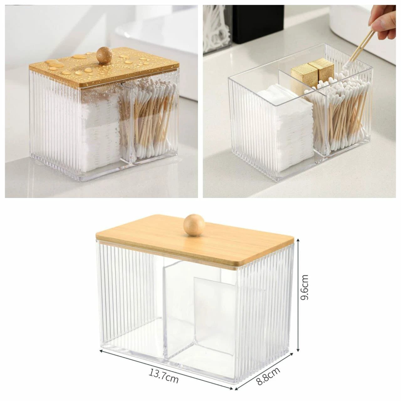 3 Compartment Acrylic Makeup Organizer with Bamboo Lid – Cotton Pad, Swab & Jewelry Storage Box house holds Household Storage Containers